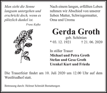 Traueranzeige von Gerda Groth (geb. Schönian)  von Magdeburger Volksstimme