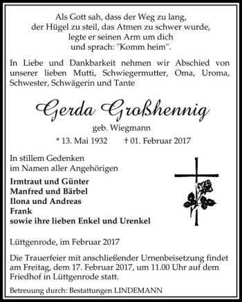 Traueranzeige von Gerda Großhennig (geb. Wiegmann)  von Magdeburger Volksstimme
