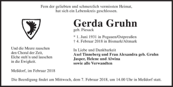 Traueranzeige von Gerda Gruhn (geb. Piesack)  von Magdeburger Volksstimme