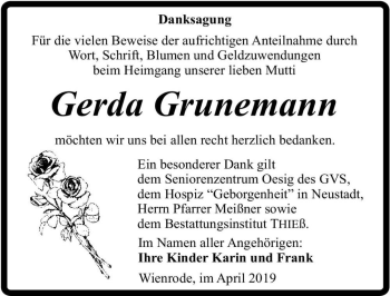 Traueranzeige von Gerda Grunemann  von Magdeburger Volksstimme