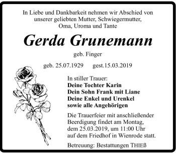 Traueranzeige von Gerda Grunemann (geb. Finger)  von Magdeburger Volksstimme