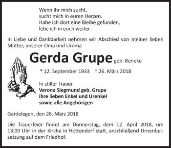 Traueranzeige von Gerda Grupe (geb. Beneke)  von Magdeburger Volksstimme