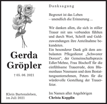 Traueranzeige von Gerda Gröpler  von Magdeburger Volksstimme