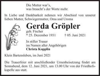Traueranzeige von Gerda Gröpler (geb. Fischer)  von Magdeburger Volksstimme