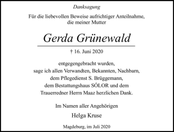 Traueranzeige von Gerda Grünewald  von Magdeburger Volksstimme