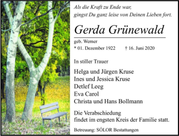 Traueranzeige von Gerda Grünewald (geb. Werner)  von Magdeburger Volksstimme