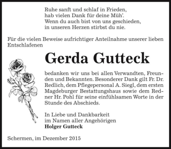 Traueranzeige von Gerda Gutteck  von Magdeburger Volksstimme