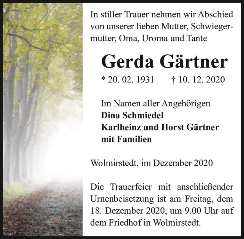  Traueranzeige für Gerda Gärtner  vom 12.12.2020 aus Magdeburger Volksstimme