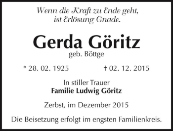 Traueranzeige von Gerda Göritz (geb. Böttge)  von Magdeburger Volksstimme