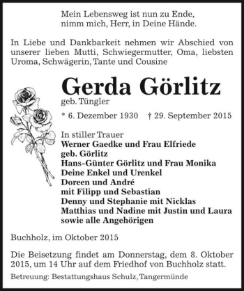 Traueranzeige von Gerda Görlitz (geb. Tüngler)  von Magdeburger Volksstimme