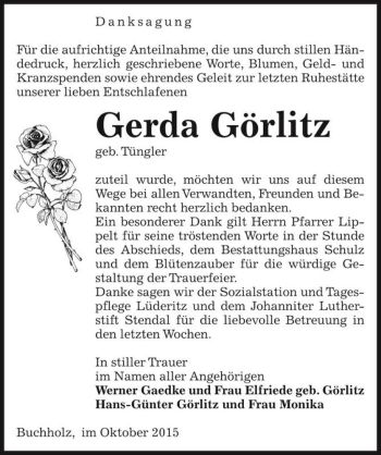 Traueranzeige von Gerda Görlitz (geb. Tüngler)  von Magdeburger Volksstimme