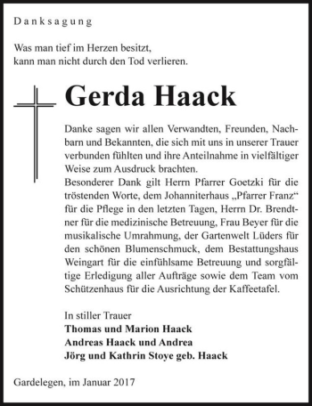 Traueranzeige von Gerda Haack  von Magdeburger Volksstimme