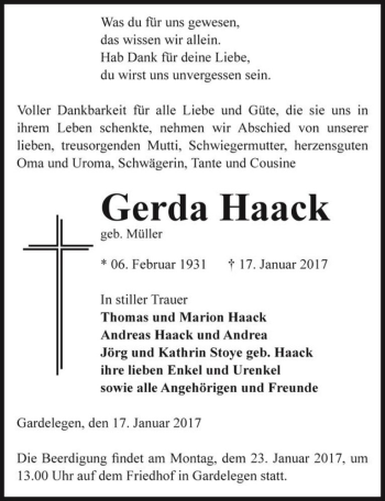 Traueranzeige von Gerda Haack (geb. Müller)  von Magdeburger Volksstimme