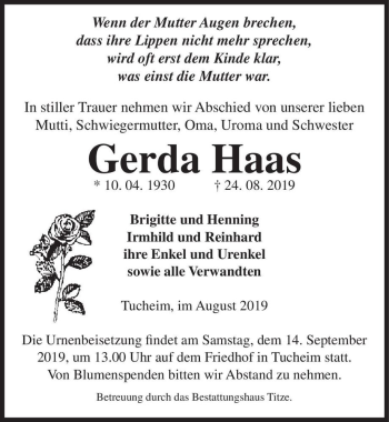 Traueranzeige von Gerda Haas  von Magdeburger Volksstimme