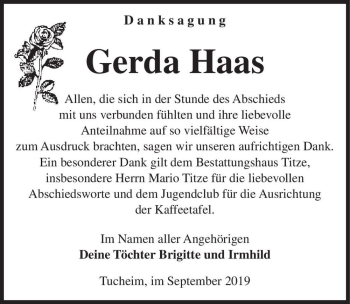Traueranzeige von Gerda Haas  von Magdeburger Volksstimme