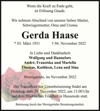 Traueranzeige von Gerda Haase  von Magdeburger Volksstimme