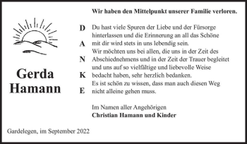 Traueranzeige von Gerda Hamann  von Magdeburger Volksstimme