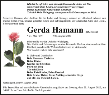 Traueranzeige von Gerda Hamann (geb. Kossan)  von Magdeburger Volksstimme