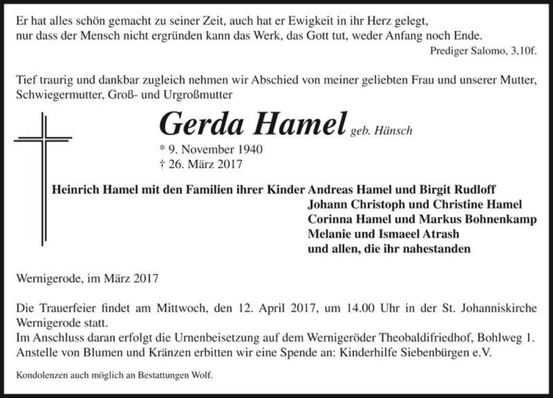  Traueranzeige für Gerda Hamel (geb. Hänsch)  vom 30.03.2017 aus Magdeburger Volksstimme