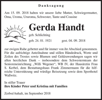 Traueranzeige von Gerda Handt (geb. Schlichting)  von Magdeburger Volksstimme
