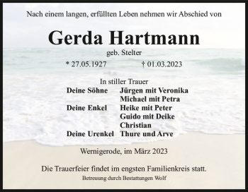 Traueranzeige von Gerda Hartmann (geb. Stelter)  von Magdeburger Volksstimme