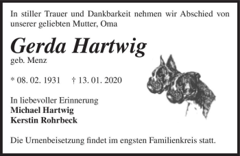 Traueranzeige von Gerda Hartwig (geb. Menz)  von Magdeburger Volksstimme