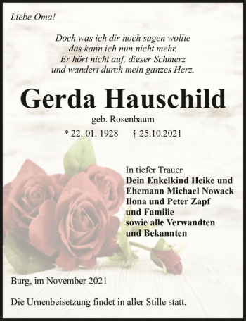 Traueranzeige von Gerda Hauschild (geb. Rosenbaum)  von Magdeburger Volksstimme