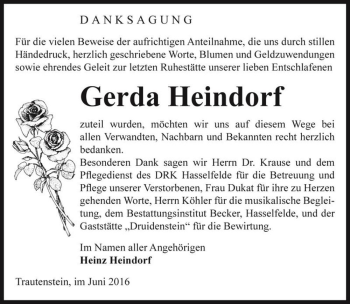 Traueranzeige von Gerda Heindorf  von Magdeburger Volksstimme