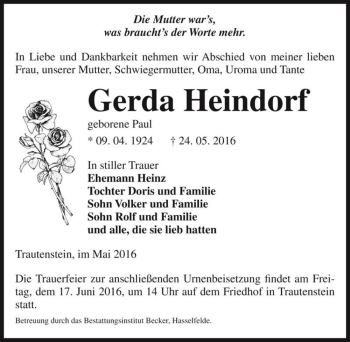 Traueranzeige von Gerda Heindorf (geb. Paul)  von Magdeburger Volksstimme