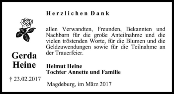 Traueranzeige von Gerda Heine  von Magdeburger Volksstimme