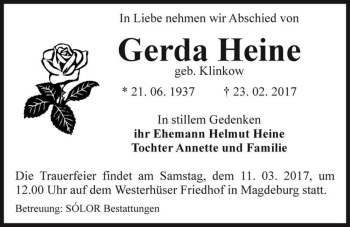 Traueranzeige von Gerda Heine (geb. Klinkow)  von Magdeburger Volksstimme