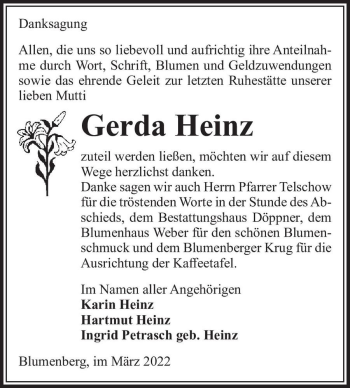 Traueranzeige von Gerda Heinz  von Magdeburger Volksstimme