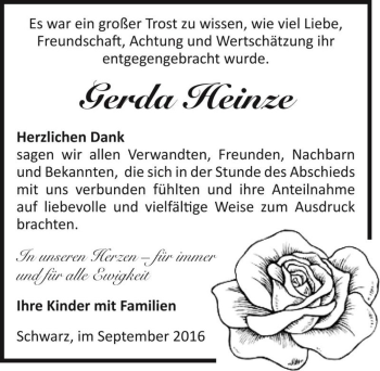 Traueranzeige von Gerda Heinze  von Magdeburger Volksstimme