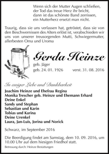 Traueranzeige von Gerda Heinze (geb. Jäger)  von Magdeburger Volksstimme