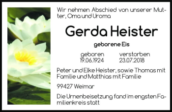 Traueranzeige von Gerda Heister (geb. Eis)  von Magdeburger Volksstimme
