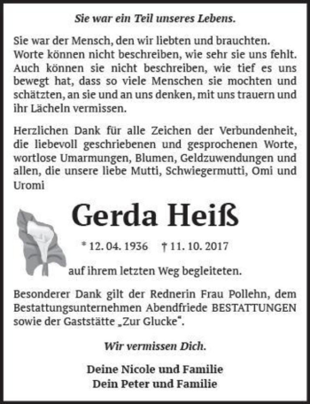 Traueranzeige von Gerda Heiß  von Magdeburger Volksstimme