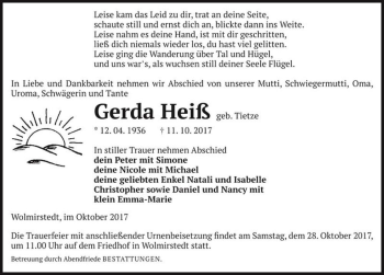 Traueranzeige von Gerda Heiß (geb. Tietze)  von Magdeburger Volksstimme