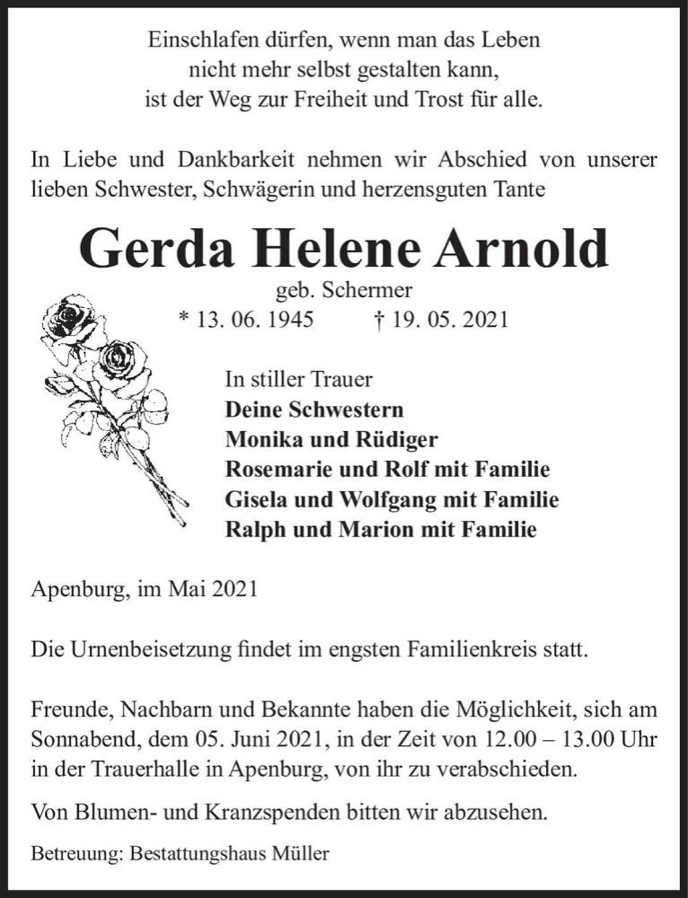  Traueranzeige für Gerda Helene Arnold (geb. Schermer)  vom 27.05.2021 aus Magdeburger Volksstimme