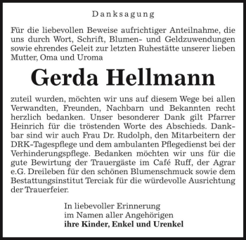 Traueranzeige von Gerda Hellmann  von Magdeburger Volksstimme