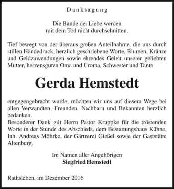 Traueranzeige von Gerda Hemstedt  von Magdeburger Volksstimme