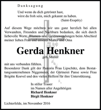 Traueranzeige von Gerda Henkner (geb. Müller)  von Magdeburger Volksstimme