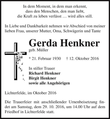 Traueranzeige von Gerda Henkner (geb. Müller)  von Magdeburger Volksstimme