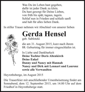 Traueranzeige von Gerda Hensel (geb. Sablotzki)  von Magdeburger Volksstimme
