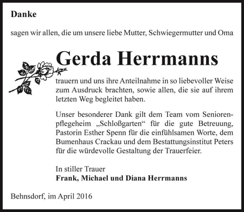  Traueranzeige für Gerda Herrmanns  vom 29.04.2016 aus Magdeburger Volksstimme