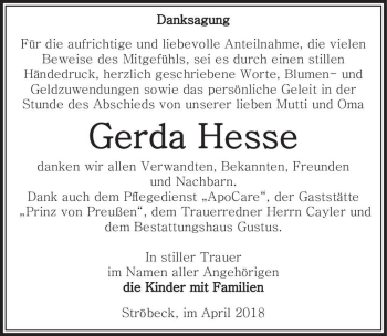Traueranzeige von Gerda Hesse  von Magdeburger Volksstimme