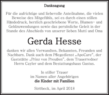 Traueranzeige von Gerda Hesse  von Magdeburger Volksstimme