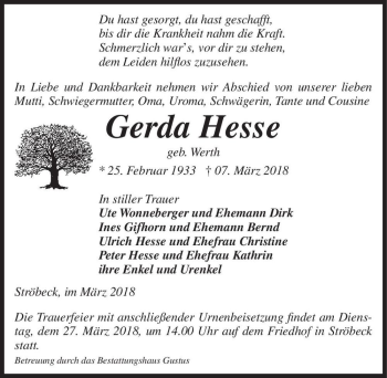 Traueranzeige von Gerda Hesse (geb. Werth)  von Magdeburger Volksstimme