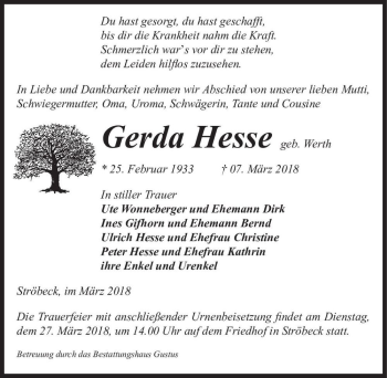 Traueranzeige von Gerda Hesse (geb. Werth)  von Magdeburger Volksstimme