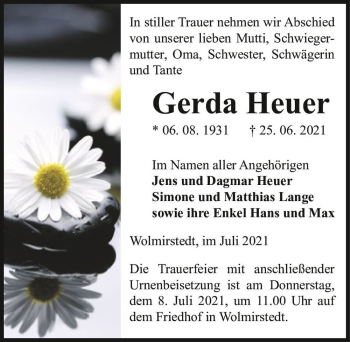 Traueranzeige von Gerda Heuer  von Magdeburger Volksstimme