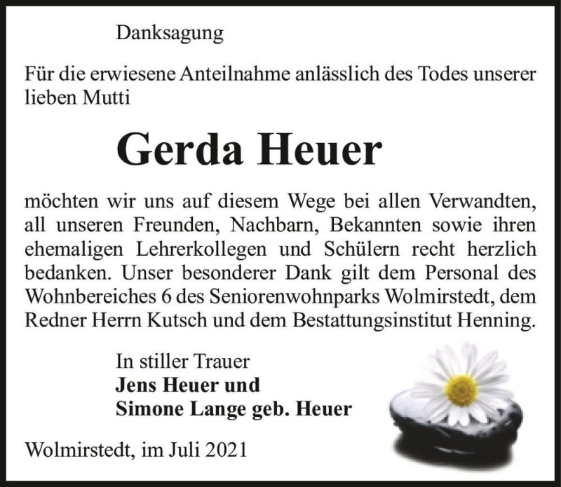  Traueranzeige für Gerda Heuer  vom 17.07.2021 aus Magdeburger Volksstimme
